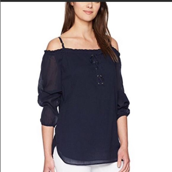 Calvin Klein Off the Shoulder Black and Gold Blouse with Lace Up Detail - Picture 2 of 16